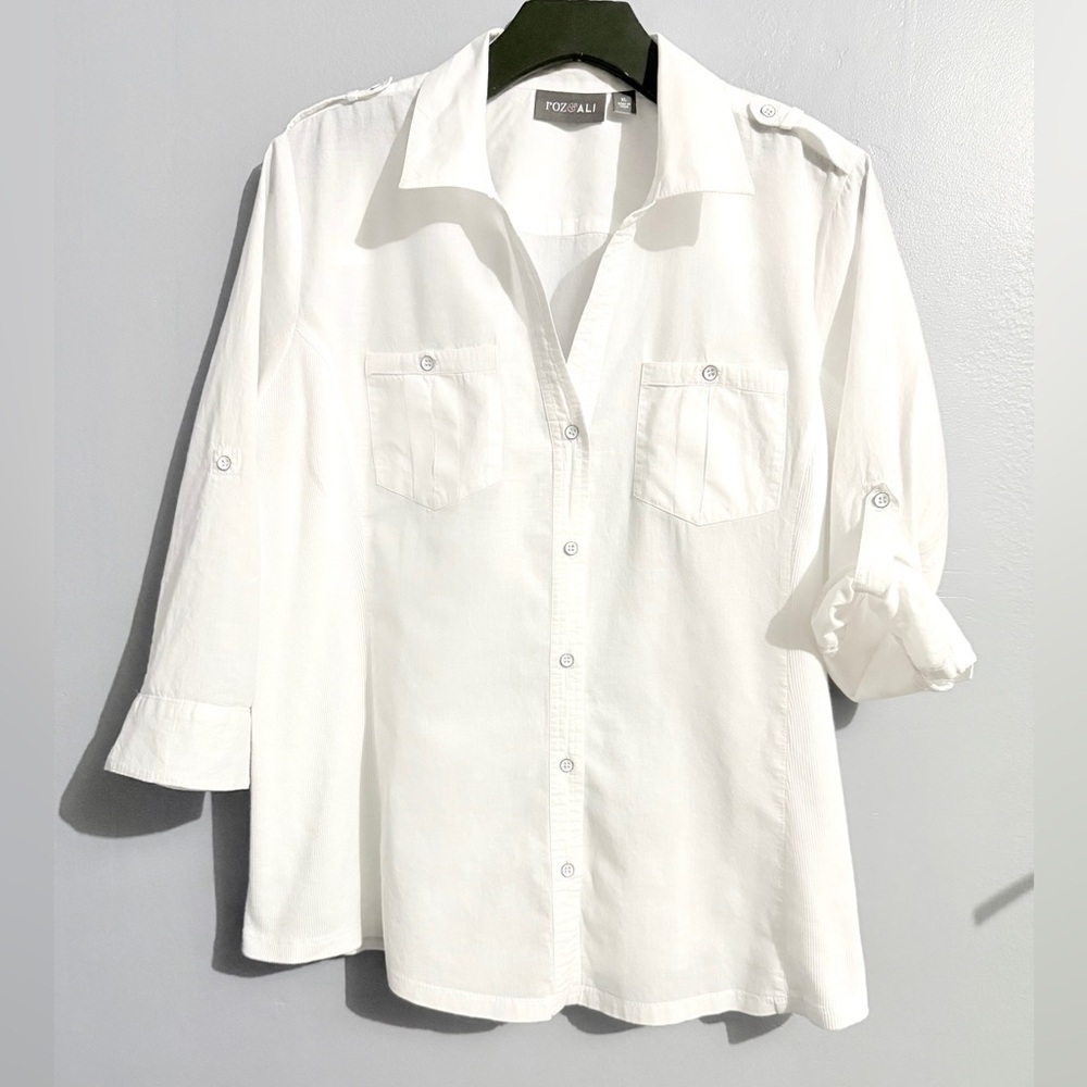 #12)  Roz & Ali White Button-Up Shirt with stretch Side for better comfort